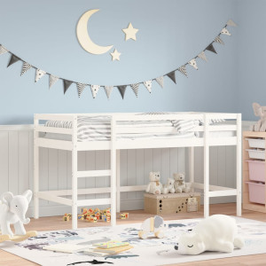 Cama alta infantil com escada de madeira maciça branca 90x200 cm D