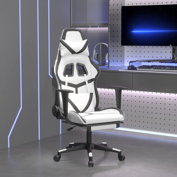 Cadeira de jogos com apoio de pés de couro sintético branco preto D