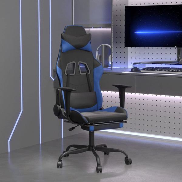 Cadeira de jogos com apoio de pés de couro sintético preto azul D
