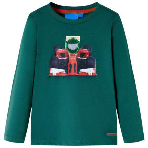 Camiseta infantil de manga comprida com estampa de carro de corrida verde 140 D