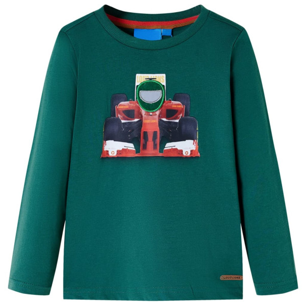 Camiseta infantil de manga comprida com estampa de carro de corrida verde 140 D