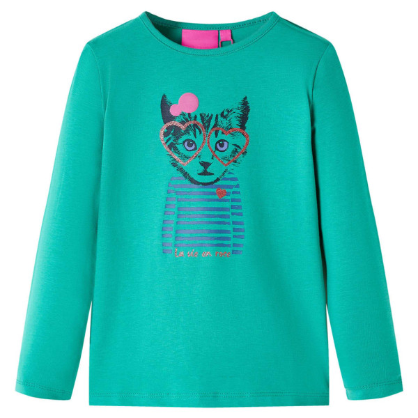 Camiseta para niños manga larga estampado de gato verde brillante 140 D