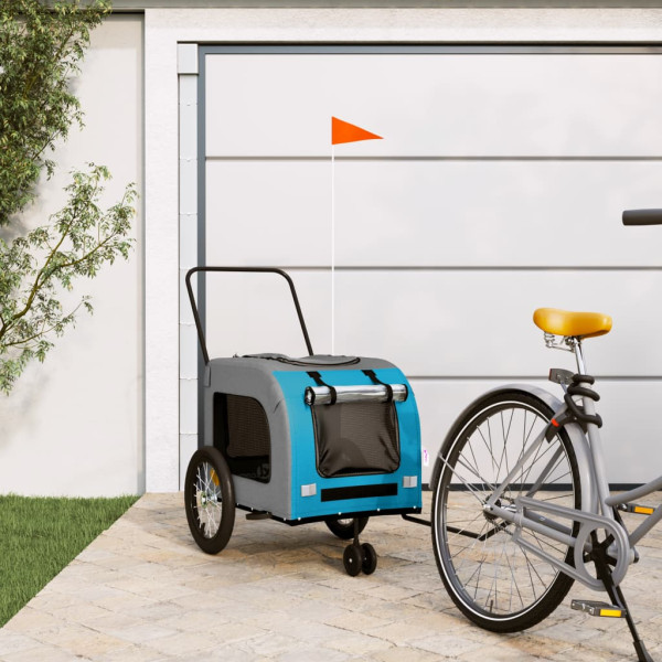 Trailer de bicicleta para cães em ferro tecido Oxford azul cinza D