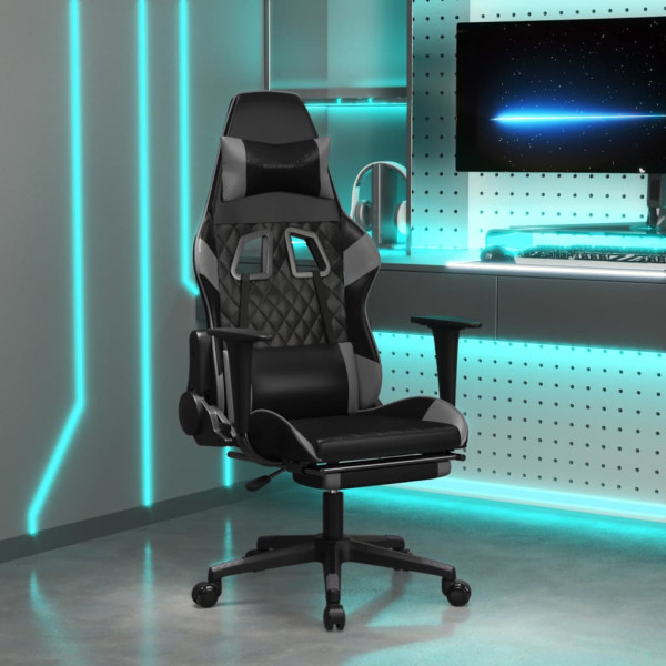 Cadeira de massagem de jogos e apoio de pés de couro sintético preto cinza D