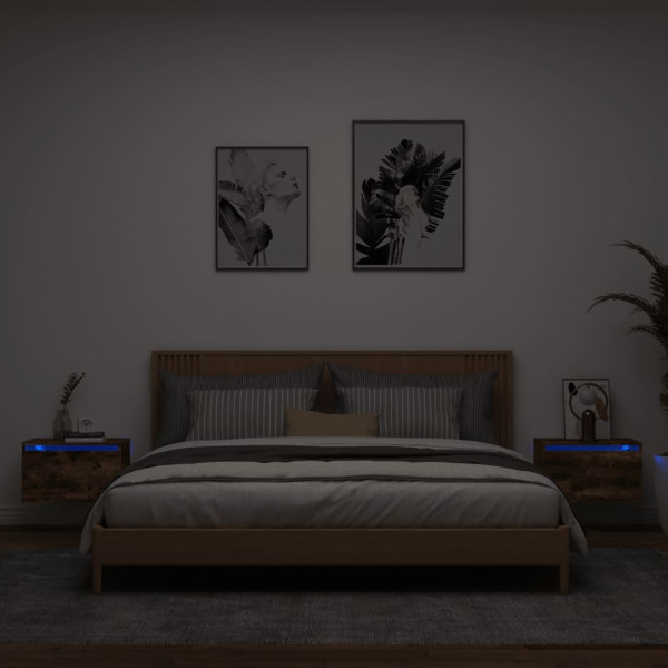 Mesitas de noche de pared con luces LED 2 uds roble ahumado D