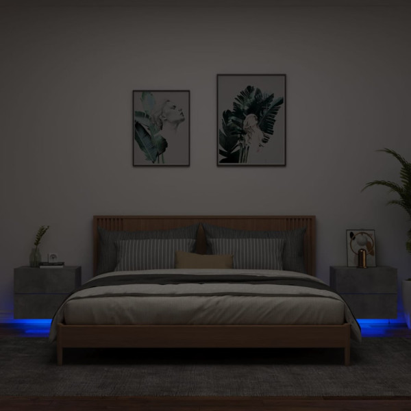 Mesitas de noche de pared con luces LED 2 uds gris hormigón D