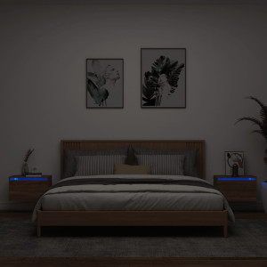 Mesitas de noche de pared con luces LED 2 unidades roble marrón D