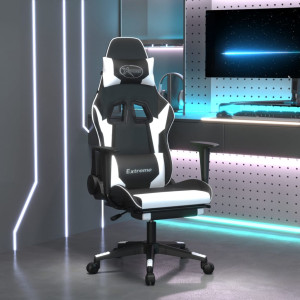 Cadeira de massagem de jogos e apoio de pés de couro sintético preto branco D