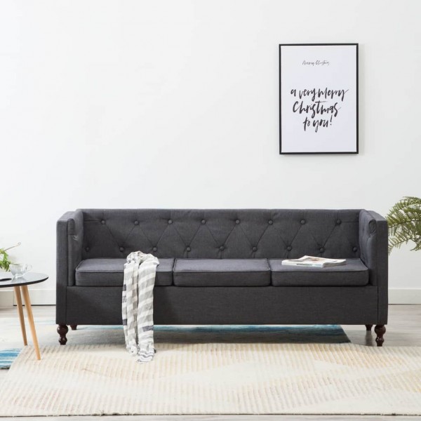 Sofá Chesterfield de 3 plazas con tapizado de tela gris oscuro Sofá Chesterfield de 3 plazas con tapizado de tela gris oscuro D