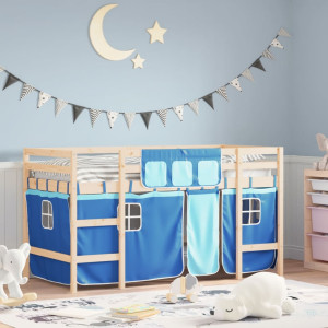 Cama alta para niños con cortinas madera pino azul 90x200 cm D