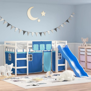 Cama alta para niños con cortinas madera pino azul 90x200 cm D