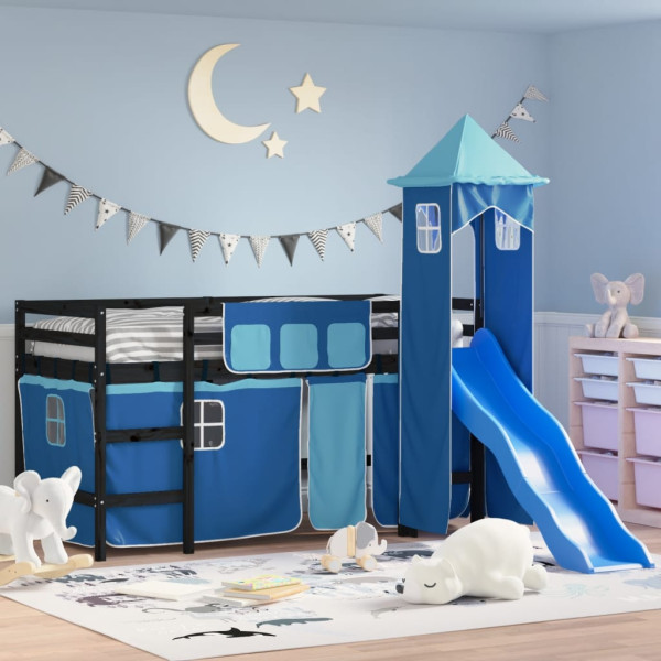 Cama alta para niños con torre madera pino azul 90x190 cm D