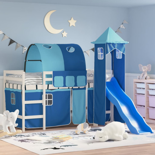 Cama alta para niños con torre madera pino azul 90x190 cm D