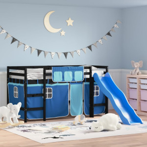 Cama alta para niños con cortinas madera pino azul 90x200 cm D