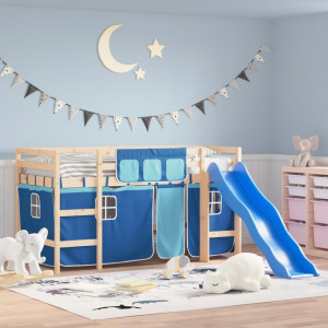 Cama alta para niños con cortinas madera pino azul 80x200 cm D