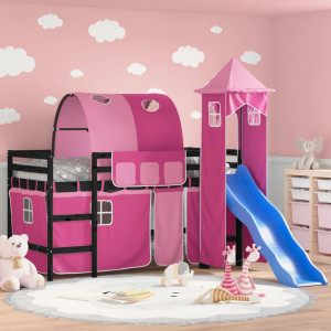 Cama alta para niños con torre madera pino rosa 90x190 cm D