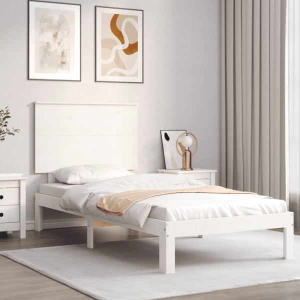 Estrutura de cama com cabeçalho de madeira maciça branca D