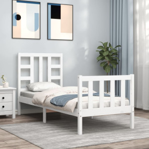 Estructura de cama individual con cabecero madera maciza blanco D