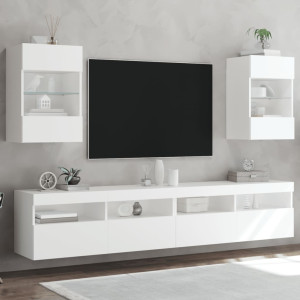 Muebles de TV de pared con luces LED 2 uds blanco 40x30x60.5 cm D