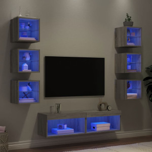 Muebles TV pared con LED 8 pzas madera ingeniería gris Sonoma D