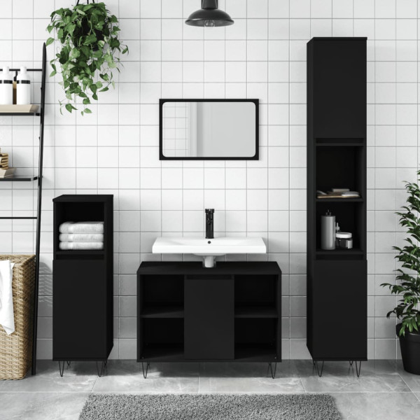 Juego de muebles de baño 3 pzas madera contrachapada negro D