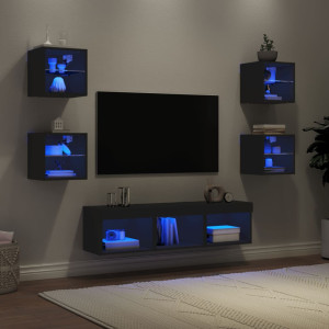 Muebles de TV de pared con LED 7 pzas madera ingeniería negro D