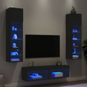 Muebles de TV de pared con LED 6 pzas madera ingeniería negro D