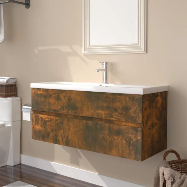 Mueble de baño con lavabo madera contrachapada roble ahumado D