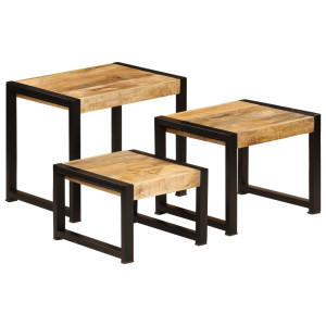 Mesas apilables 3 unidades madera maciza de mango D