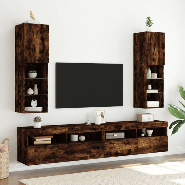 Muebles de TV con luces LED 2 uds roble ahumado 30.5x30x102 cm D