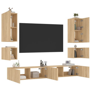 Muebles de TV de pared con luces LED 6 piezas roble Sonoma D