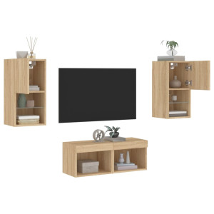 Muebles de TV de pared con luces LED 4 piezas roble Sonoma D