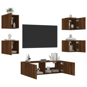Muebles de TV de pared con luces LED 5 piezas marrón roble D