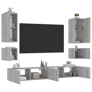 Muebles de TV de pared con luces LED 6 piezas gris Sonoma D