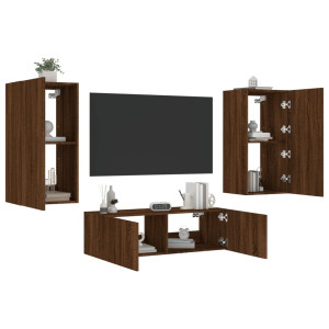 Muebles de TV de pared con luces LED 3 piezas marrón roble D