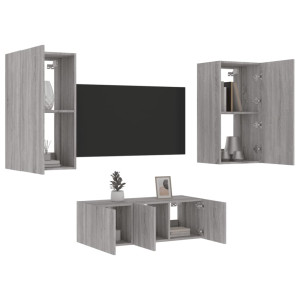 Muebles TV pared con LED 4 pzas madera ingeniería gris Sonoma D