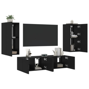 Muebles de TV de pared con LED 4 pzas madera ingeniería negro D