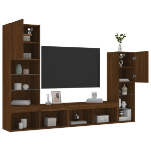Muebles TV pared con LED 4 pzas madera ingeniería marrón roble D