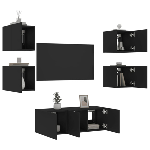 Mobiliário de TV de parede com LED 6 pzas madeira engenharia preta D