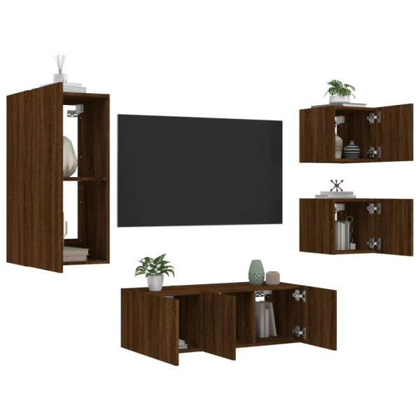 Móveis de TV de parede com LED 5 pzas madeira engenharia marrom carvalho D