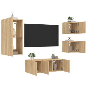 Muebles TV pared con LED 5 pzas madera ingeniería roble Sonoma D
