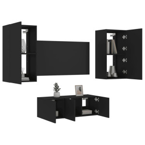 Muebles de TV de pared con LED 4 pzas madera ingeniería negro D