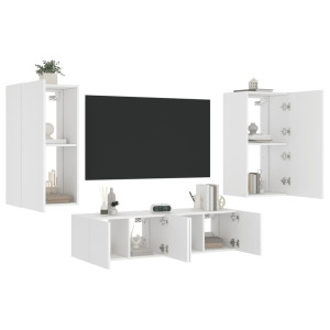 Muebles de TV de pared con LED 4 pzas madera ingeniería blanco D