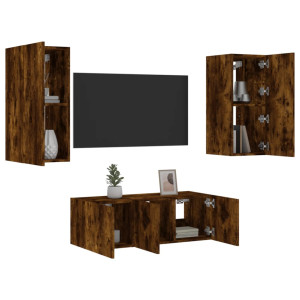 Muebles TV pared con LED 4 pzas madera ingeniería roble ahumado D