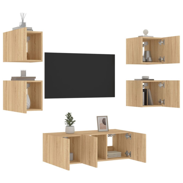 Muebles TV pared con LED 6 pzas madera ingeniería roble Sonoma D