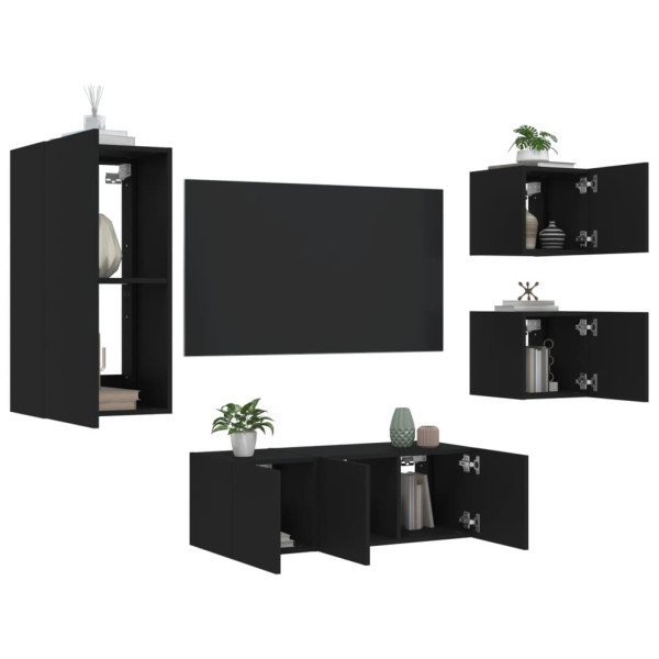 Muebles de TV de pared con LED 5 pzas madera ingeniería negro D