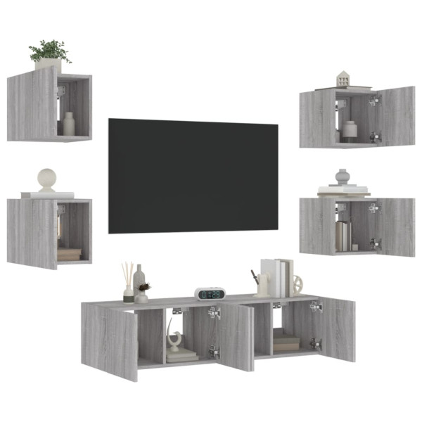 Muebles TV pared con LED 6 pzas madera ingeniería gris Sonoma D