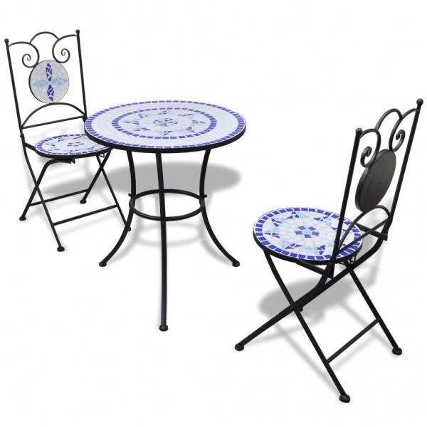 Conjunto de mesa e cadeiras de jardim de 3 peças com mosaico azul e branco D