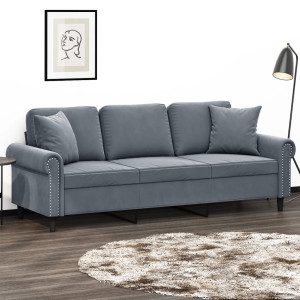 Sofá de 3 plazas con cojines terciopelo gris oscuro 180 cm D