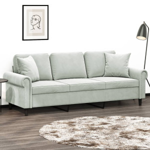 Sofá de 3 plazas con cojines terciopelo gris claro 180 cm D